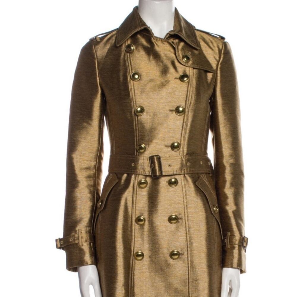 BURBERRY silk gold metallic trench coat jacket S - Picture 8 of 11
